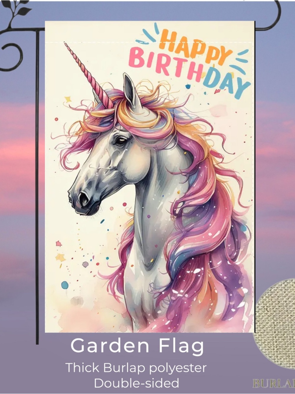 Garden Flag, Unicorn Happy Birthday, burlap, double-sided, approx 12”x18”